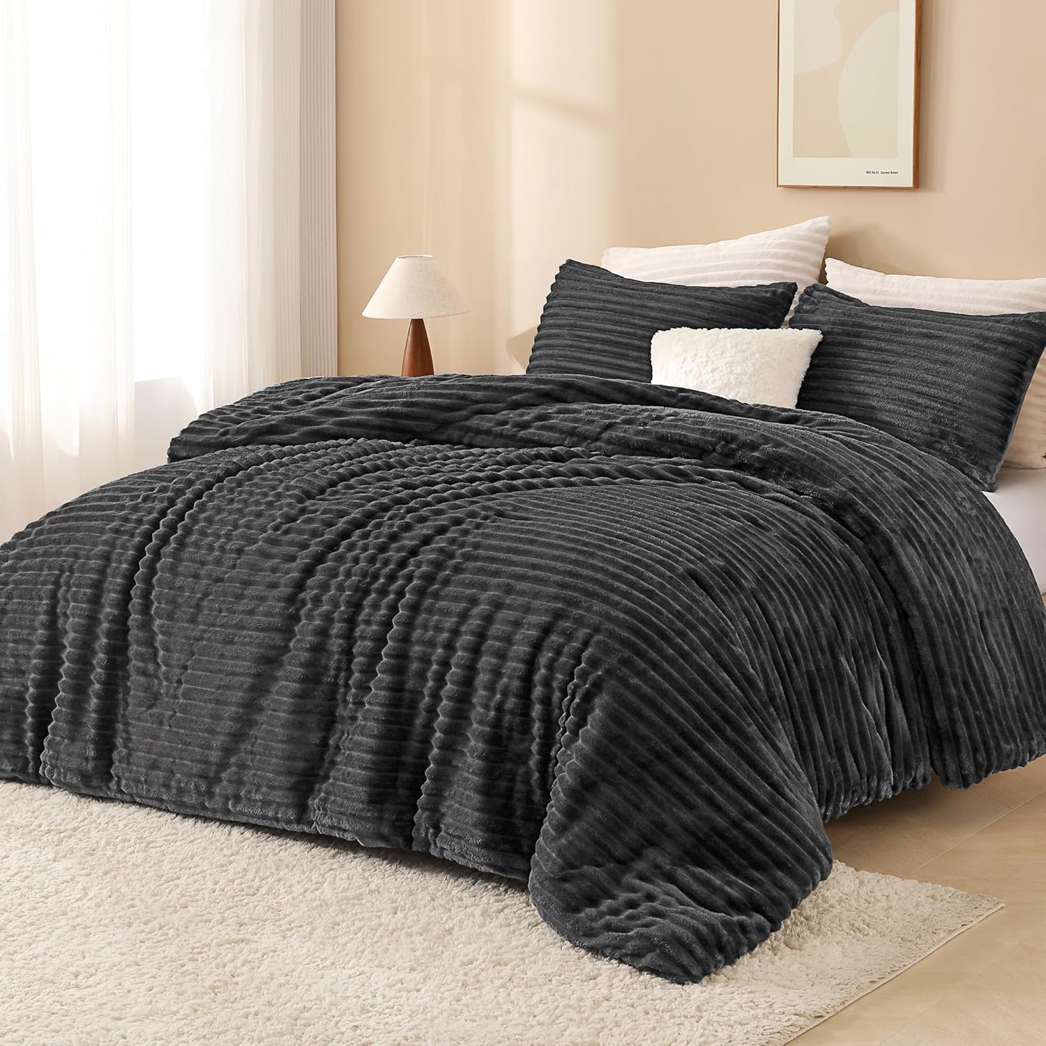 Andency Fleece Queen Comforter Set, 3 Pieces Dark Grey Comforter Set for Queen Size Bed, Soft Warm Fluffy Fuzzy Dark Gray Bedding Set for Winter (1 Comforter & 2 Pillowcases) - Image 2