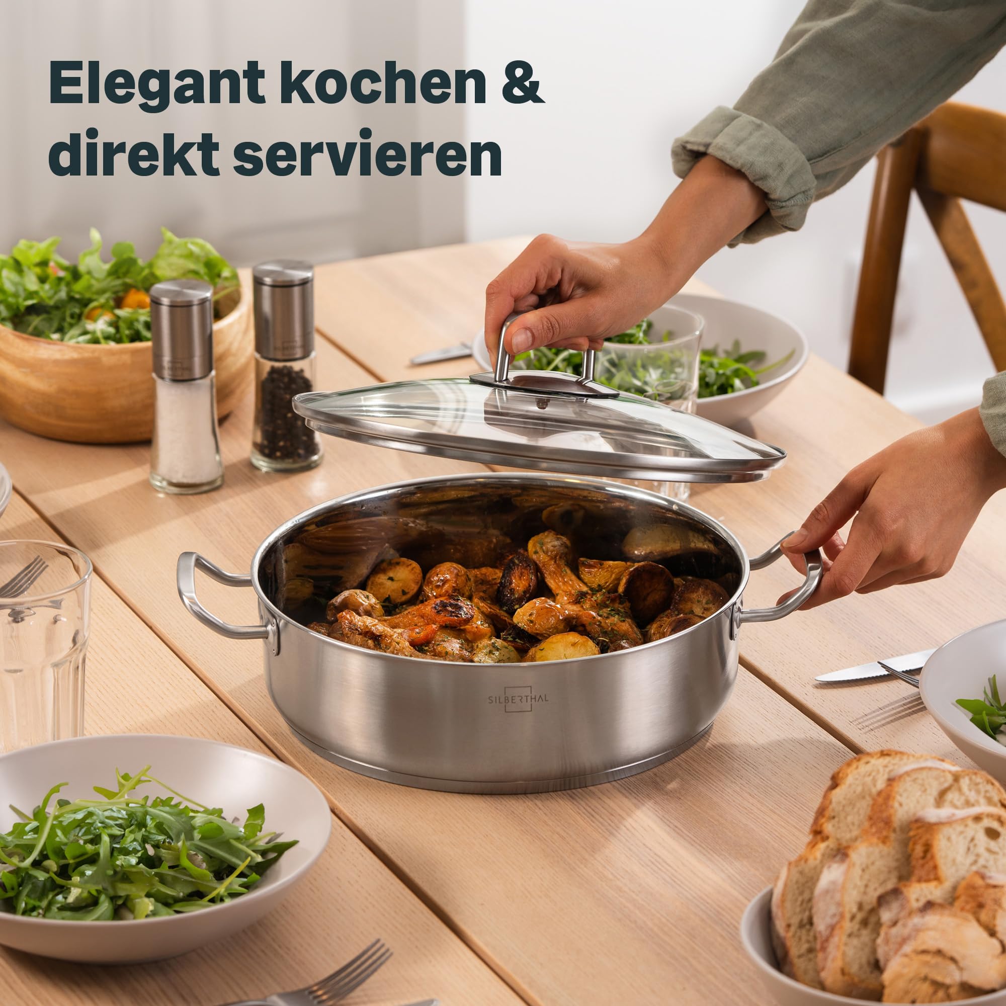 SILBERTHAL Schmorpfanne Unbeschichtet 28 cm hoher Rand | Servierpfanne mit Deckel - Backofengeeignet bis zu 400° - Induktionsgeeignet - 5l