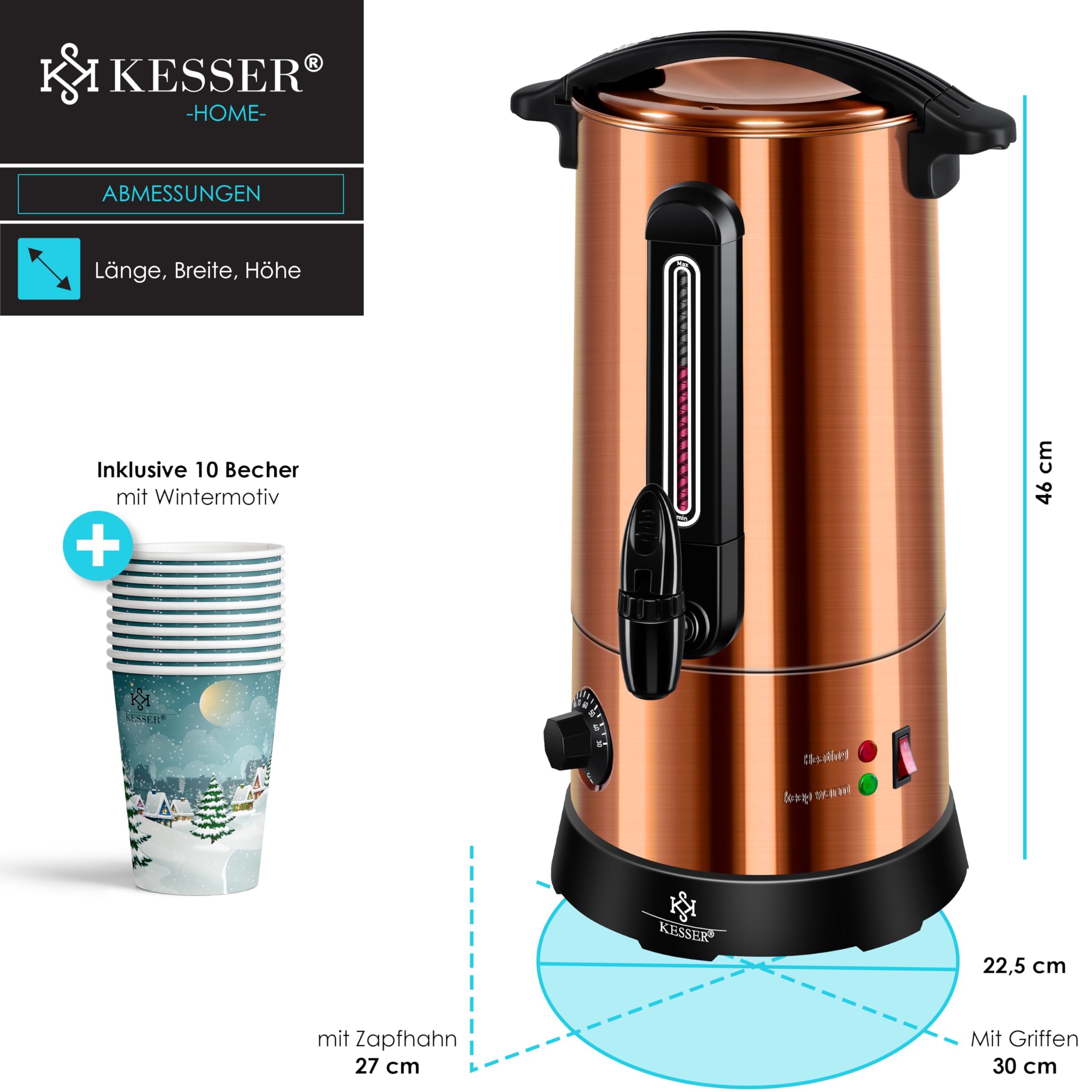 KESSER® Glühweinkessel 6,8/10/20/30L Edelstahl Inkl. Becher, Glühweinkocher mit Thermostat Glühweinautomat Heißgetränkeautomat Wasserkocher Heißwasserspender Einkochautomat Füllstandanzeige Zapfhahn