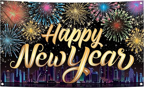 KatchOn, XtraLarge - Cartel de feliz año nuevo, 72 x 44 pulgadas, decoraciones de feliz año nuevo 2024, telón de fondo de fuegos artificiales de Año