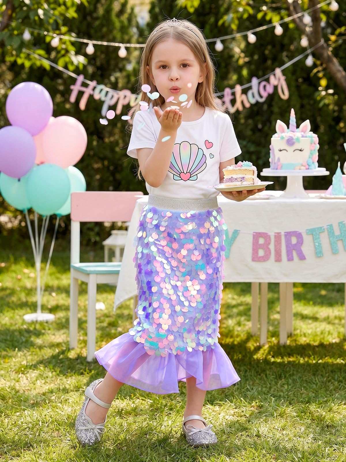 Miipat Jupe Fille Paillettes Enfant Jupes Sirène avec Doublure Taille Élastique Glitter Jupe Queue de Sirène pour Petite Fille Anniversaire Fête Plage