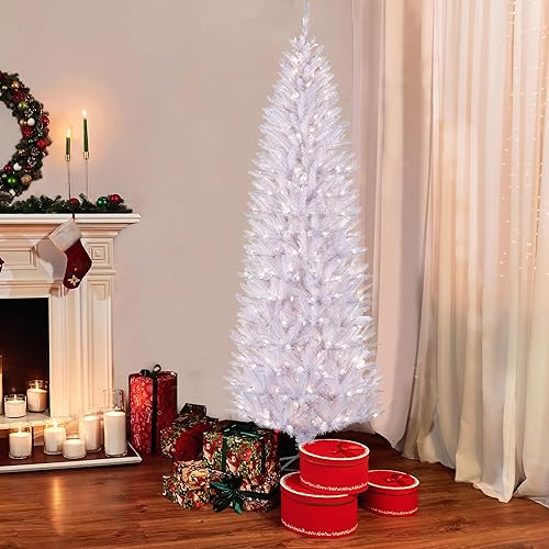 Miniatura 2 de Puleo International Árbol de Navidad artificial de abeto Fraser blanco preiluminado de 7.5 pies con 350 luces transparentes, blanco