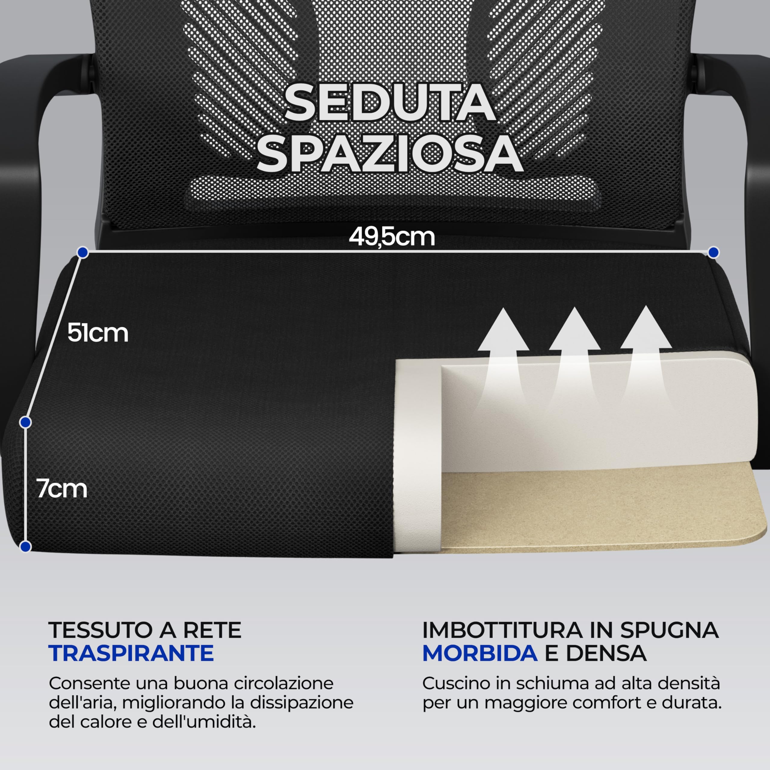 Yaheetech Sedia da Ufficio Scrivania Ergonomica Lombare in Rete Traspirante Reclinabile Altezza Regolabile Girevole con Braccioli e Ruote Portata 136 kg Nera