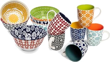 Annovero Mugs & Cereal Bowls | Kitchen Serving Dishes | Microwave Oven Safe | Colorful Porcelain Dinnerware