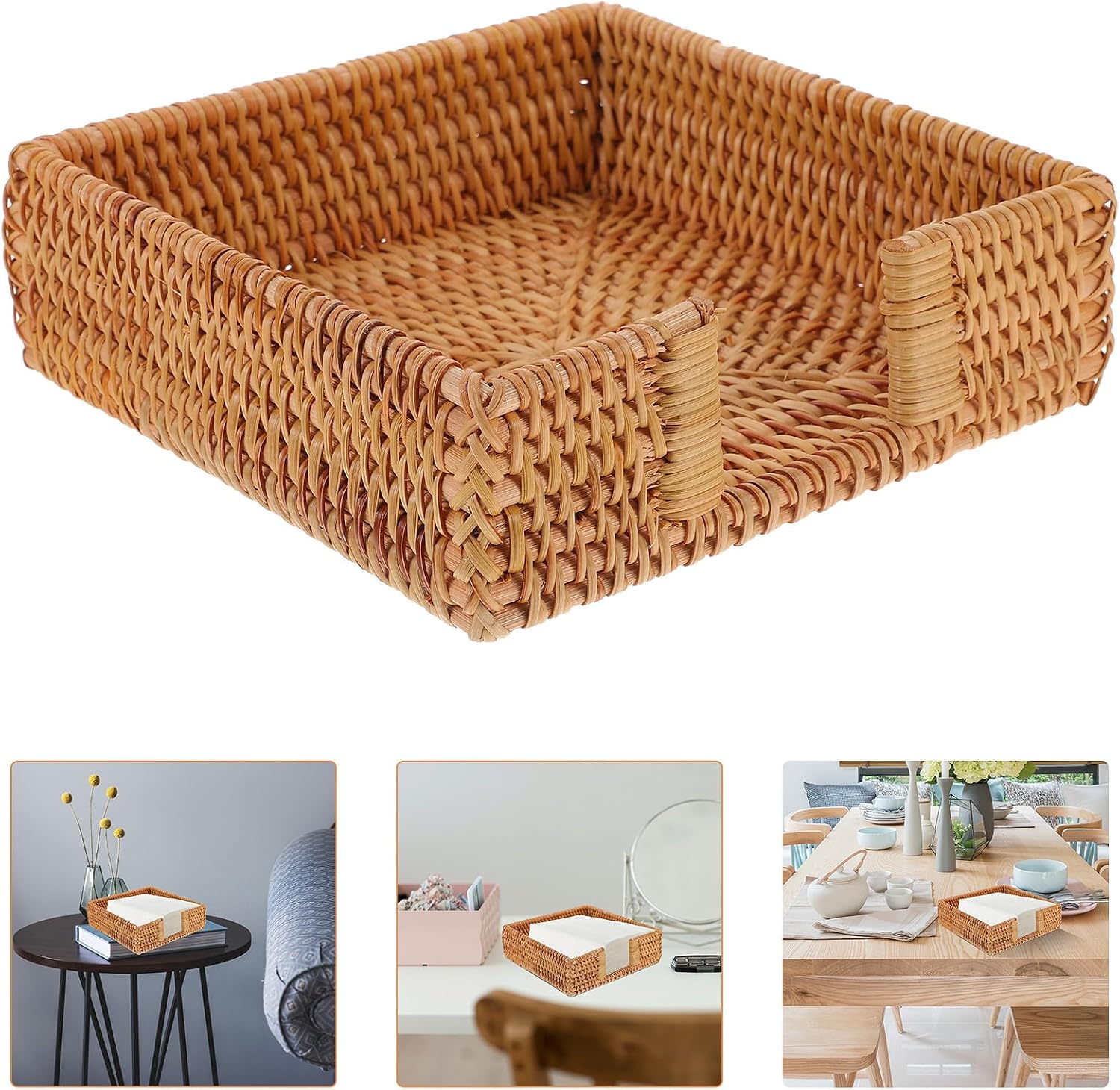 Healifty Vintage Rattan Woven Napkin Holder Box, Square Tissue Box Cover Holder for Kitchen and Dining Table, Portable Paper Napkin Storage Case for Restaurant and Home Use