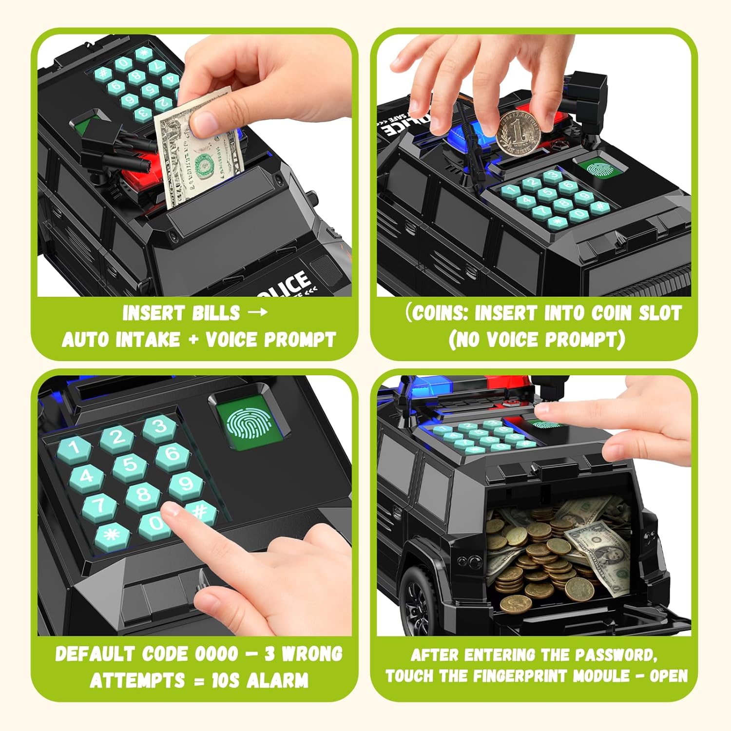 Car Piggy Bank for Kids, Electronic ATM Bank Toy with Password Code Lock and Auto Bill & Coin, Money Savings Box Mini ATM Coin Bank for Boys & Girls Ages 3+, Black