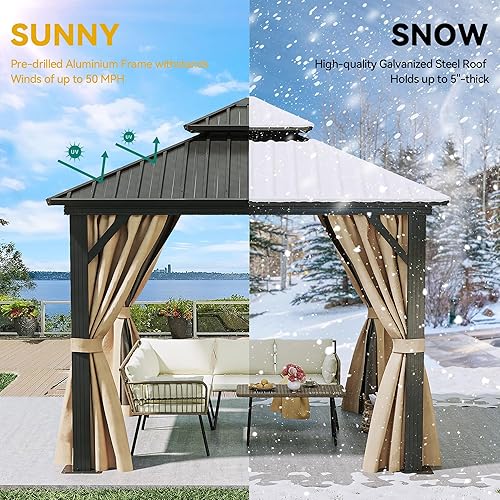 Miniatura 7 de DWVO Gazebo de techo rígido de 10 x 10 pies, techo doble con redes y cortinas, techo de rayas verticales de acero galvanizado resistente para patio,