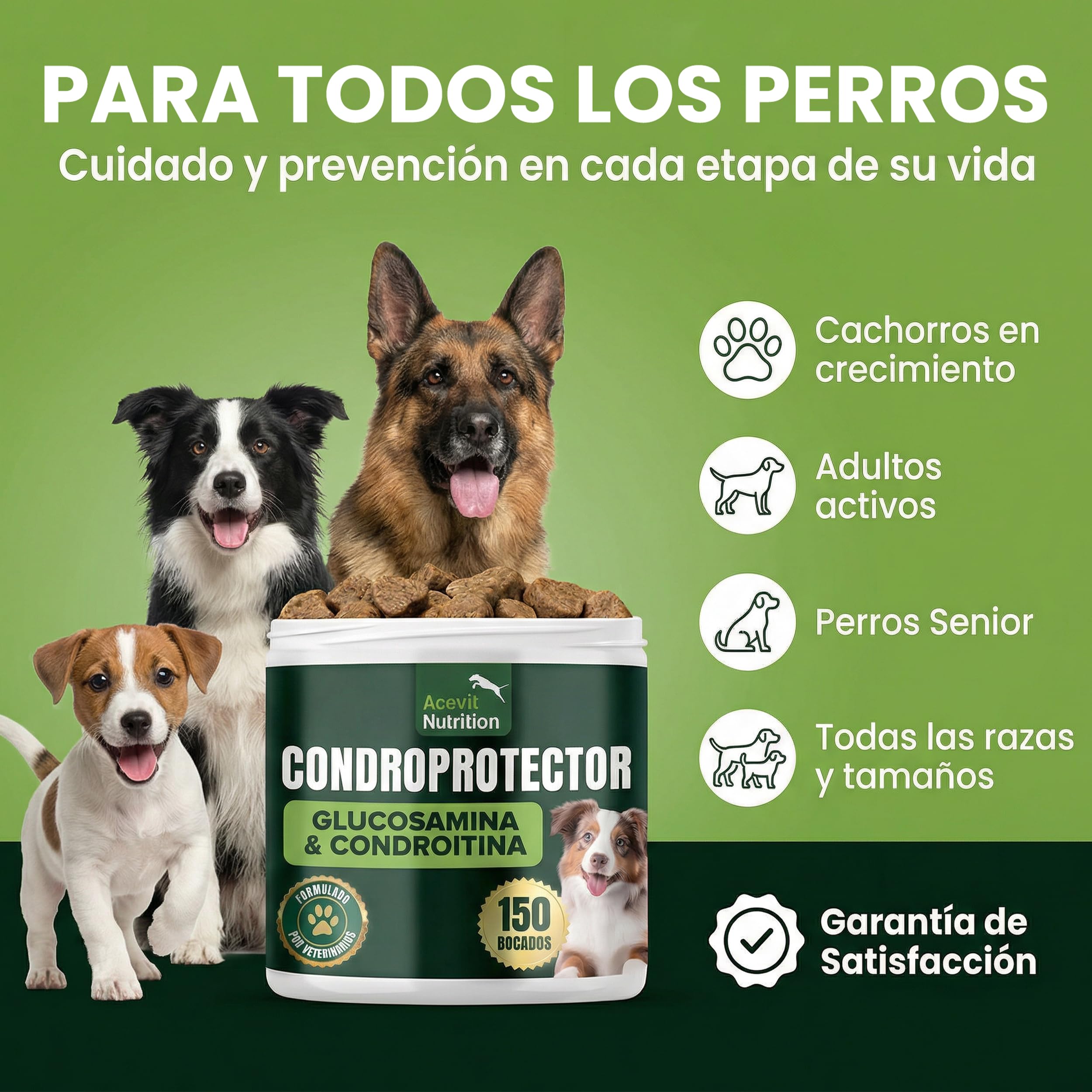 Condroprotector para Perros, 150 Unidades, 100% Natural, Antiinflamatorio, Articulaciones y Cartílagos, Antiartrosis con Colágeno, Glucosamina, Condroitina, MSM, Ácido Hialurónico, Omega 3 y 6