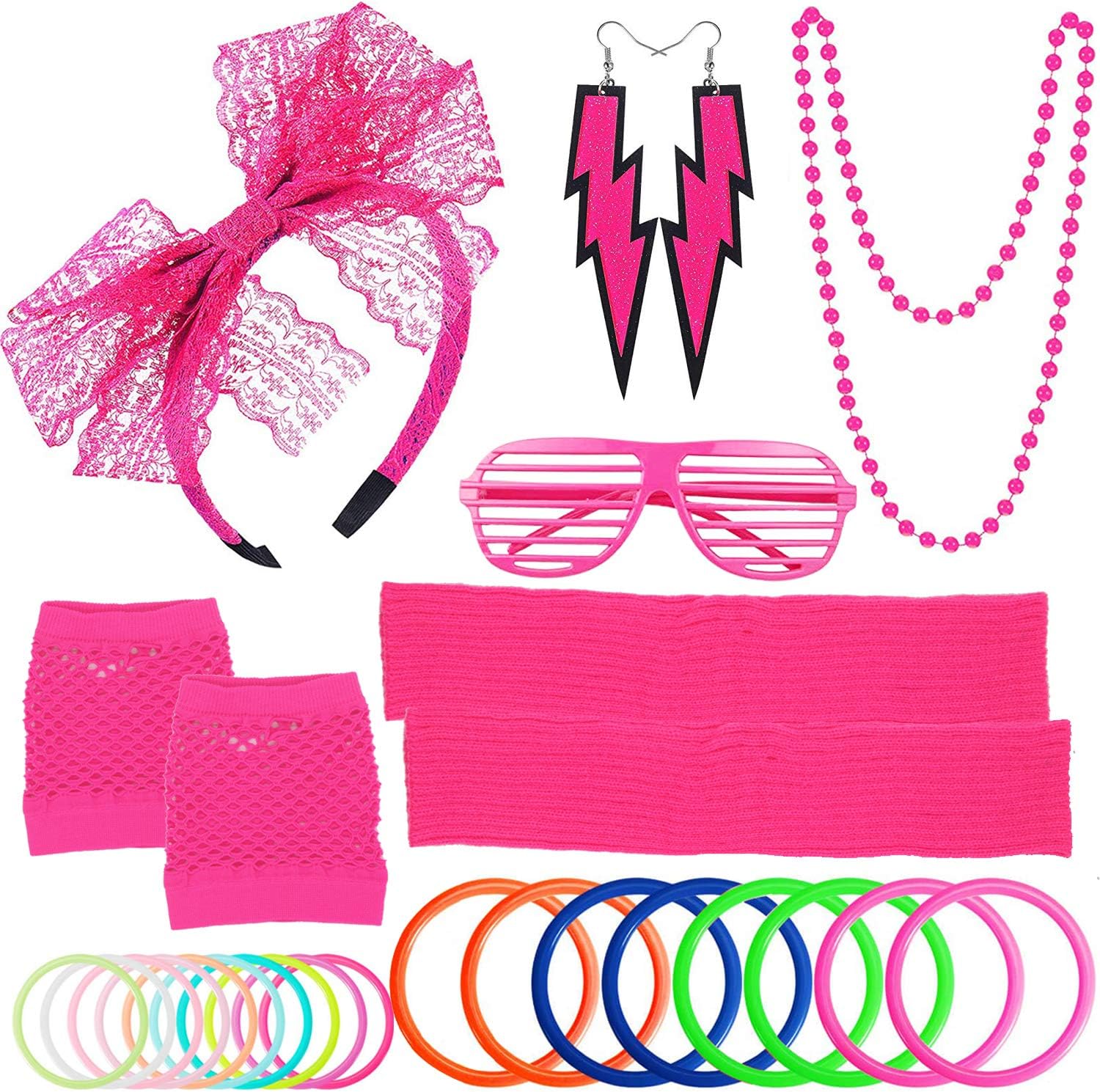 ztweden80s Women's Costume Outfit Accessories Set Headband Earrings Fishnet Gloves Necklace Bracelet Leg Warmers Pink
