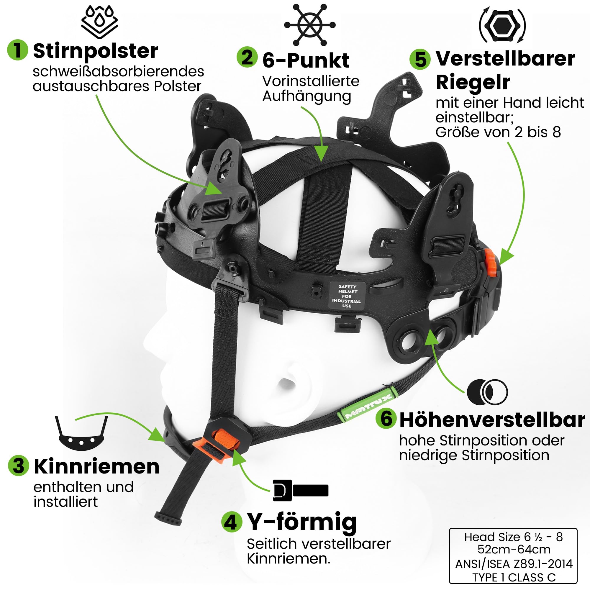 GREEN DEVIL Matrix Full Brim kask ochronny EN 397 – kask ochronny z wentylacją, latarka czołowa LED (IPX5), system 6-punktowy i regulowana wyściółka wewnętrzna – idealny do budownictwa, przemysłu,