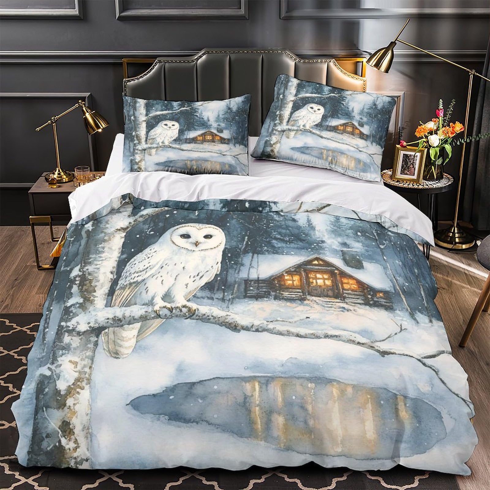 Housse de couette chouette des neiges microfibre hypoallergénique et douce pour lit fille