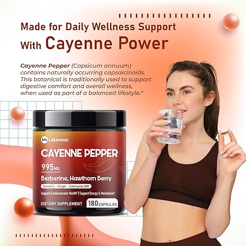 Miniatura 2 de Pimienta de Cayena Premium 995 mg con berberina, espino y CoQ10 – Apoya la salud cardiovascular, la energía y el metabolismo – 180 cápsulas
