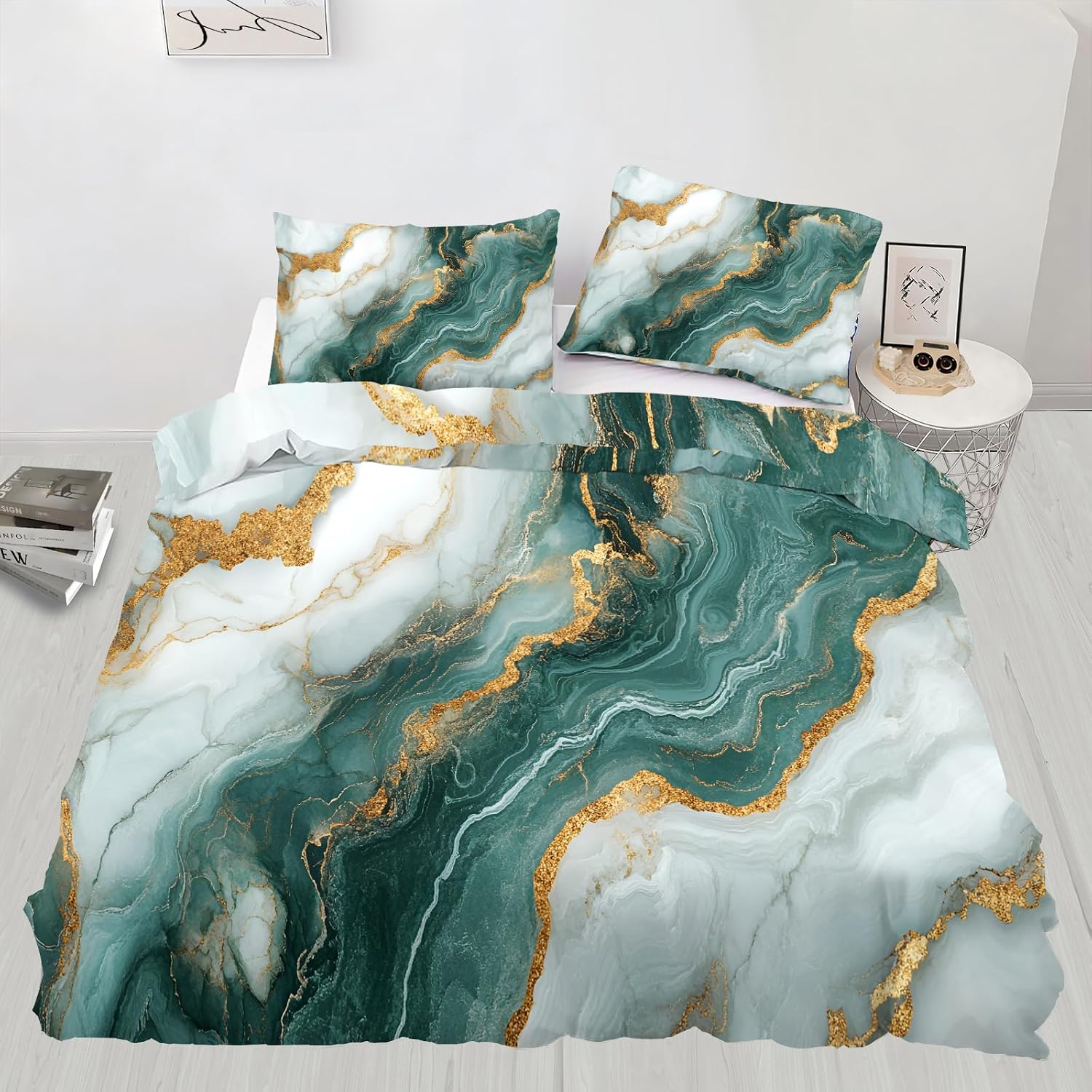 Marble Bedding & Bedroom Decor - Luxury Gold Texture Duvet Cover Queen Size - Soft Comforter Cover with 2 Pillow Shams - 3 Piece with Zipper - Abstract Green Marble Home Decor & Gifts