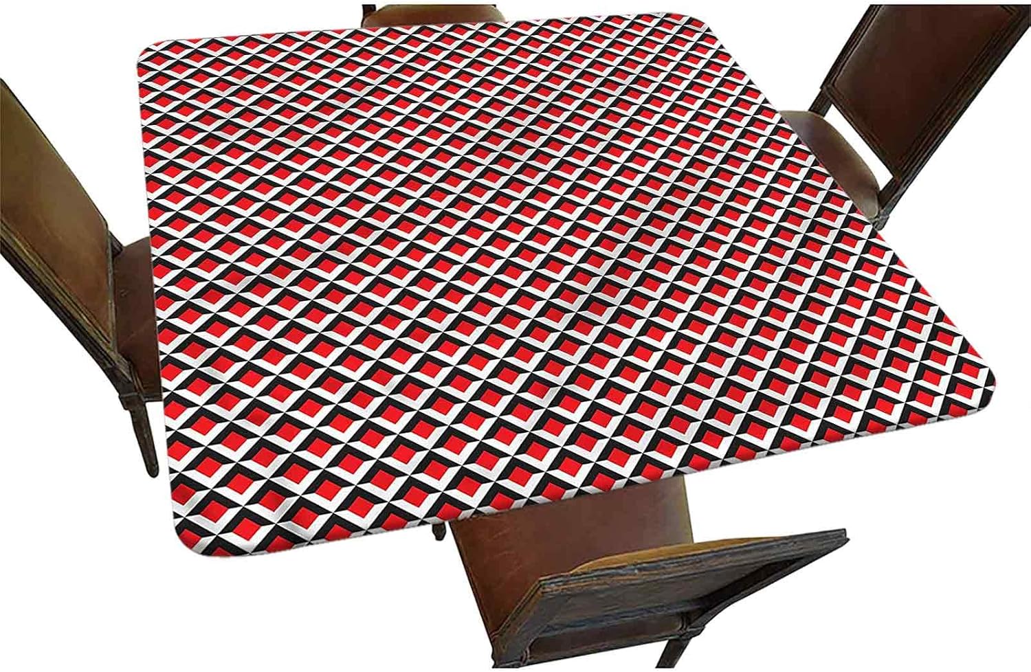 Geometric Decorative Elastic Edged Square Fitted Tablecloth, Vibrant Grid Tile Polyester Indoor Outdoor Fitted Tablecover for Banquet Buffet Kitchen Dining and Party, Fits 42x42 inch square table
