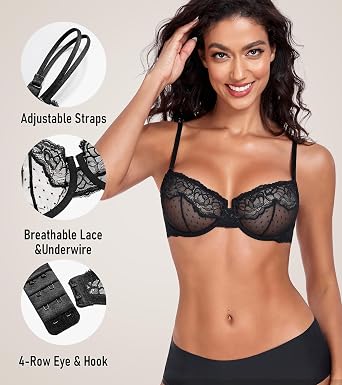 Lemorosy Women's Plus Size Sexy Unpadded Underwire Lace Balconette Unlined Demi Sheer Bra