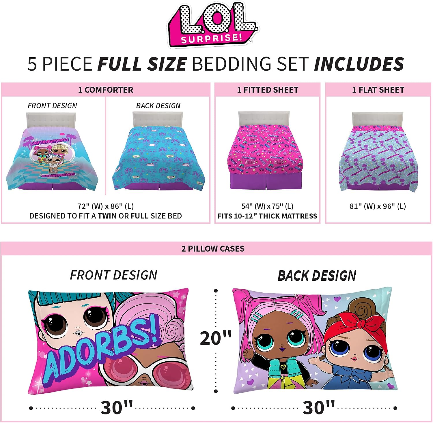 Franco Kids Bedding Super Soft Microfiber Comforter and Sheet Set, 5 Piece Full Size, LOL Surprise