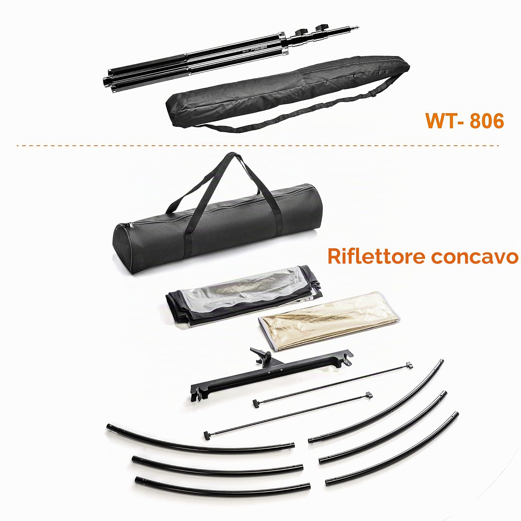 Walimex pro Set di Riflettore curvo a U Halfpipe e Stativo luci WT-806, Modellatore concavo da 150 x 60 cm, color argento/bianco/oro, Treppiede fino a 256 cm per fotografia ritratto