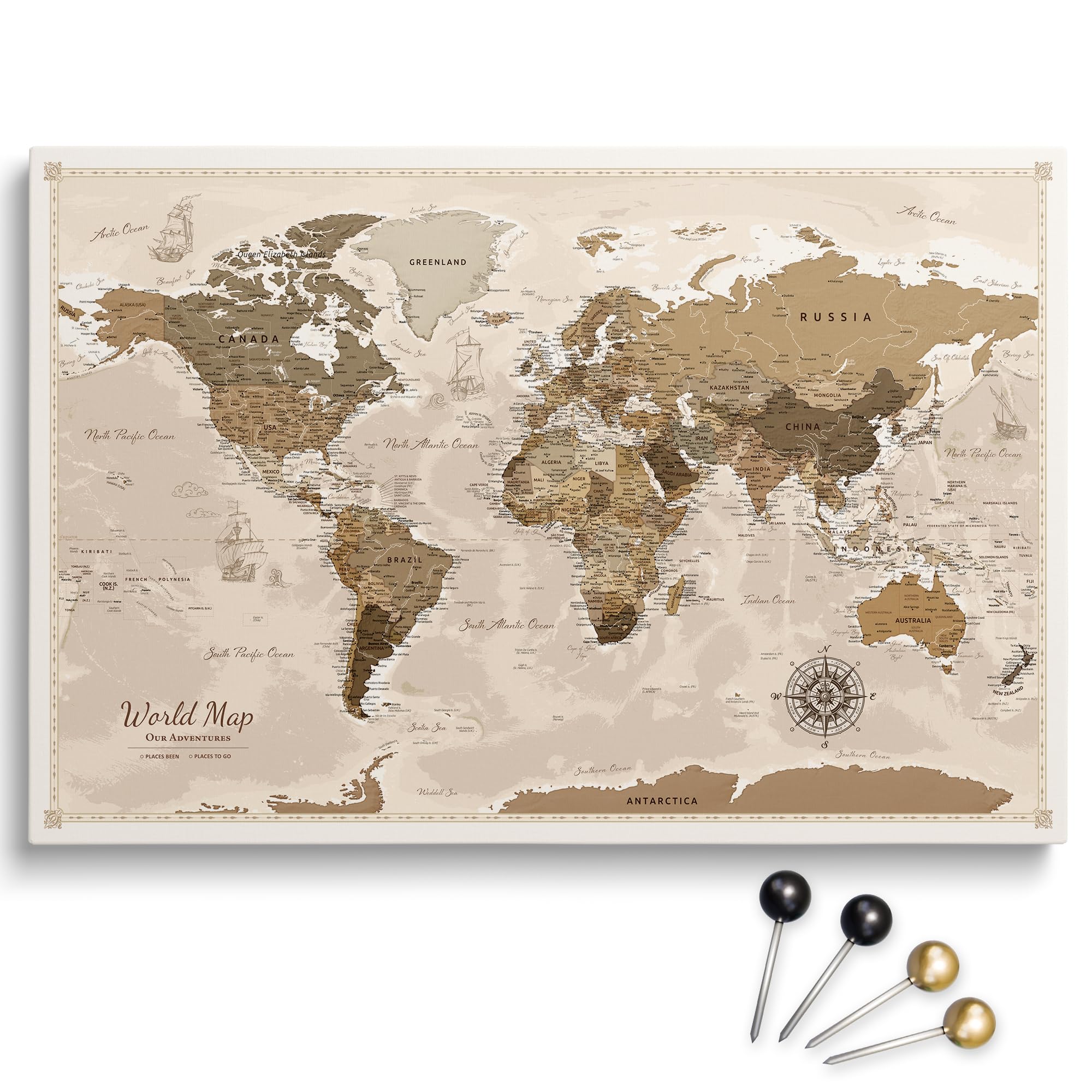 Personalized Push Pin World Map on Cotton Canvas, Travel Tracker with 100 Pins, Custom Wall Decor to Mark Travels, Ready to Hang (Design 3, 120 x 80 cm)