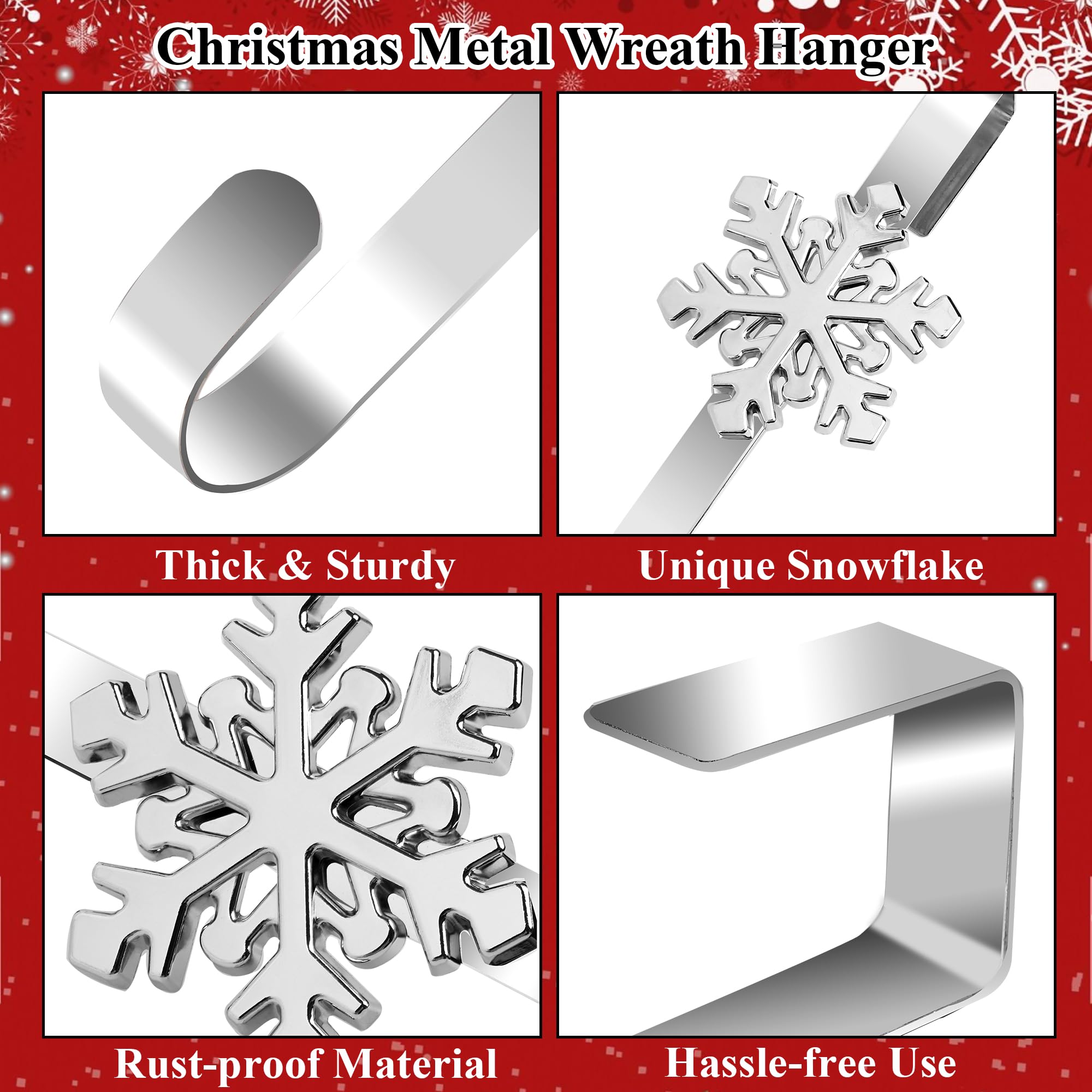 Aodaer 1 Pack Christmas Silver Metal Wreath Hanger 14.5 Inches Wreath Hooks with Snowflake Interchangeable Icons Stainless Steel Front Door Hanger Heavy Duty Wreath Holder for Christmas Decorations - Image 3
