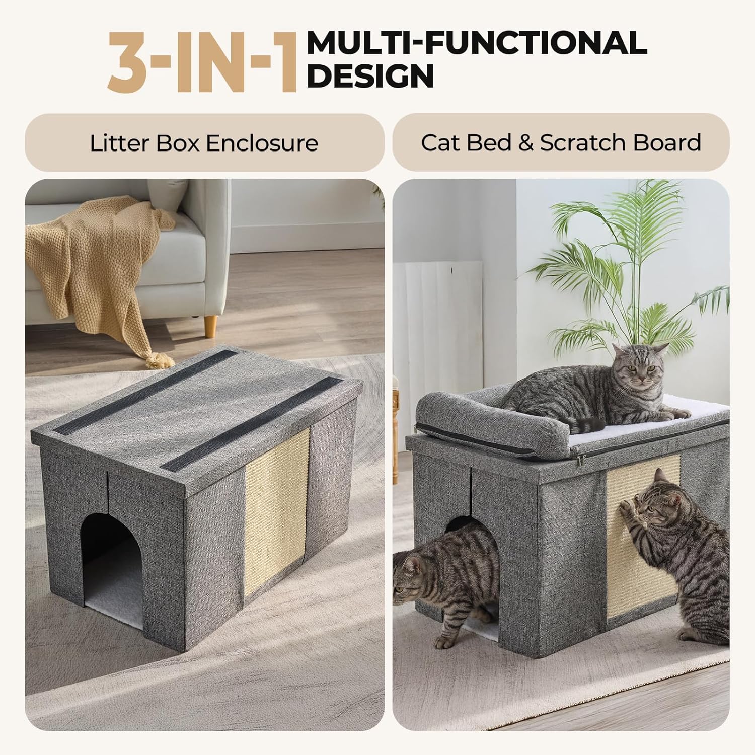 Cat Litter Box Enclosure Furniture, Hidden Litter Box with Cat Bed, Waterproof Odor Control Litter Box Cover, Dog Proof Foldable Storage Bench, Easy Assembly (Grey, Large (30" x 17.7"x 17.7"))