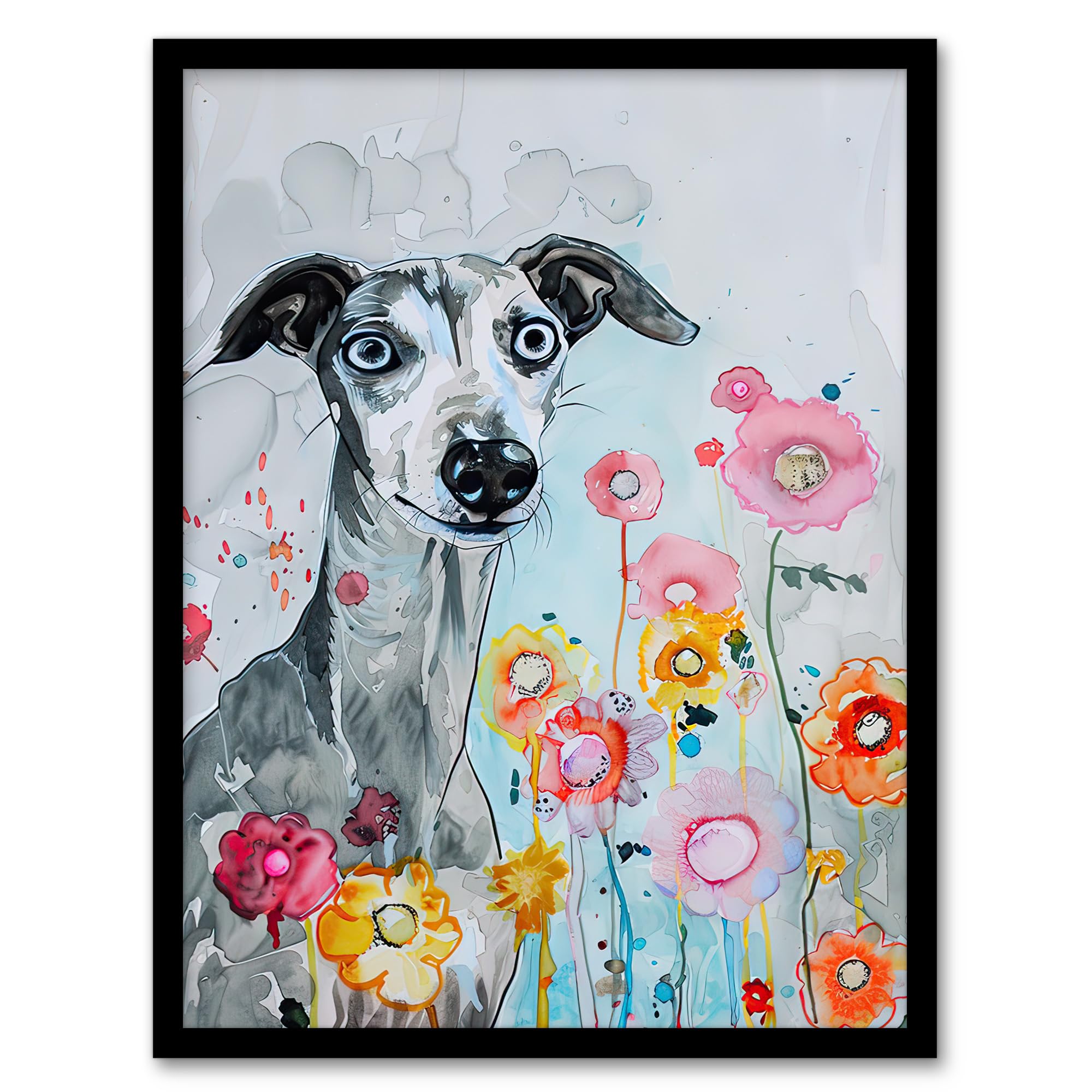 Artery8 Dog Lover Whippet with Spring Flowers Watercolour Living Room Art Print Framed Poster Wall Decor 12x16 inch