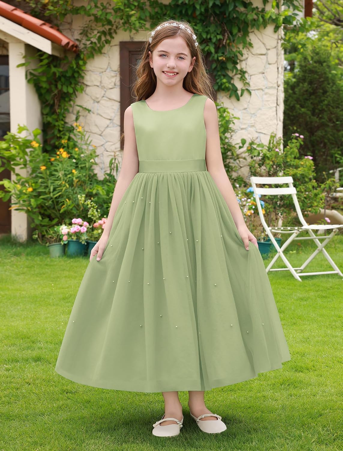 OBEEII Flower Girl Dress Wedding Girls Bridesmaid Prom Party Bowknot Pageant Gown Birthday V-Back Satin Pearl Tulle Dress