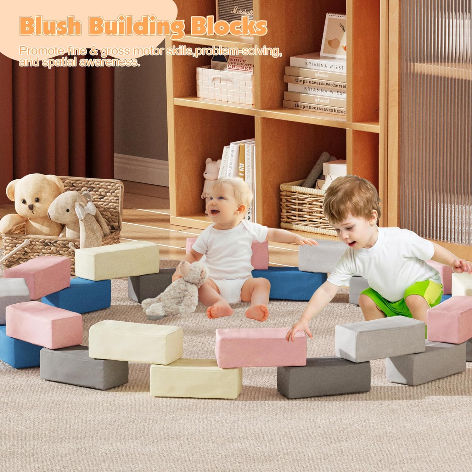 HedoAjim Foam Blocks for Toddlers - 24 Pcs Giant Colorfull Building Soft Blocks, Certified Kids Biggo Stacking Plush Cuboids with Removable and Washable Velvet Fabric for Birthday