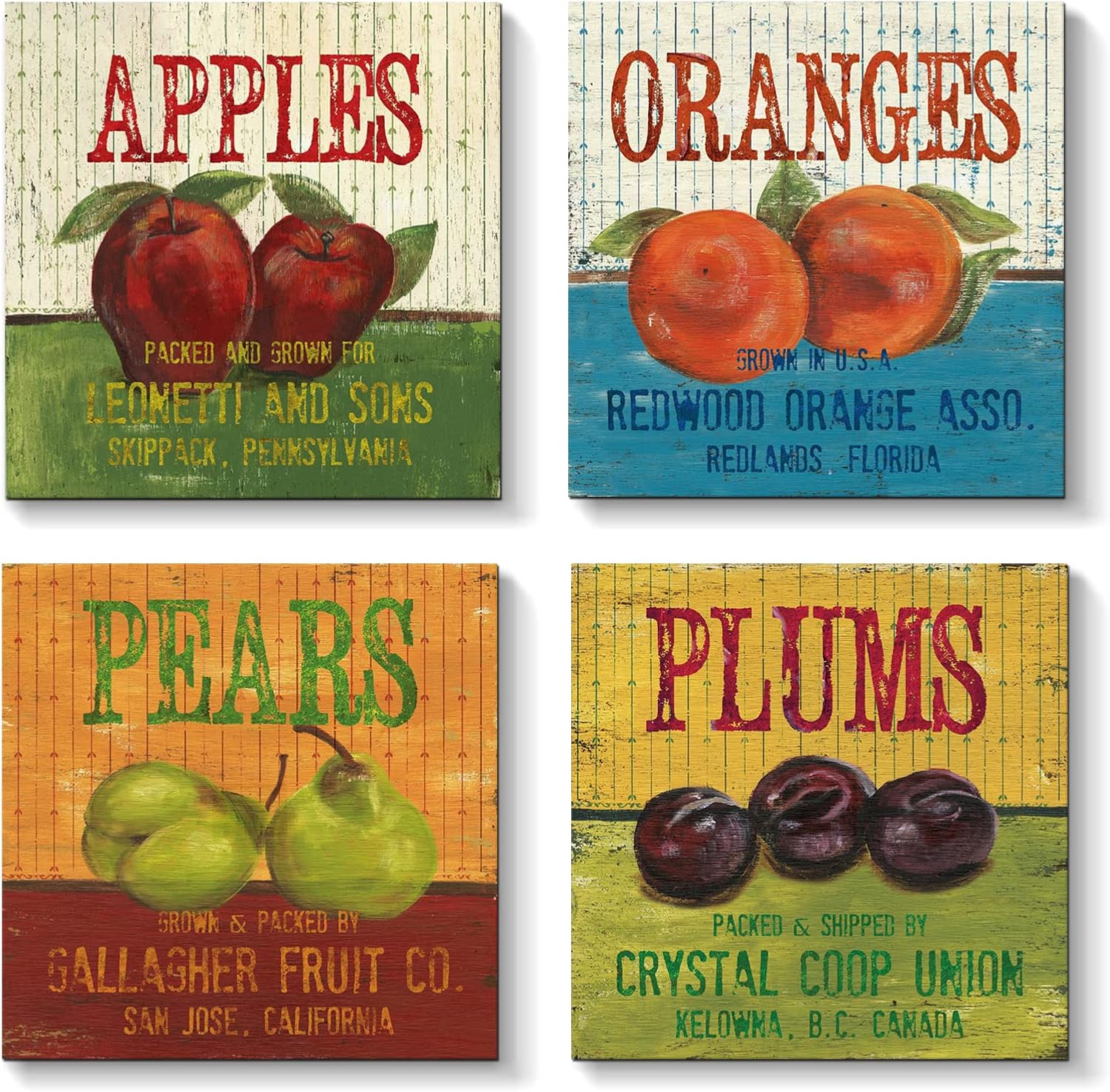 Biuteawal - Fruits Canvas Wall Art for Kitchen Dining Room Decor Oranges Pears Apples Plums Poster Painting Prints Retro Food Picture for Home Decoration Stretched and Framed Ready to Hang