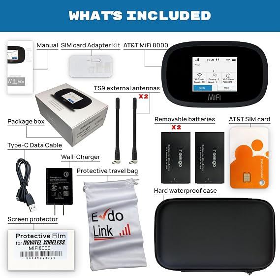 AT&T Wireless Hotspot Pocket WiFi 4G LTE MiFi 8000, Free VPN Mobile Hotspot for Travel, 4G Mobile Portable WiFi, Unlocked Globally, Near 5G Speed up to 1200 Mbps, EVDO-LINK Bundle