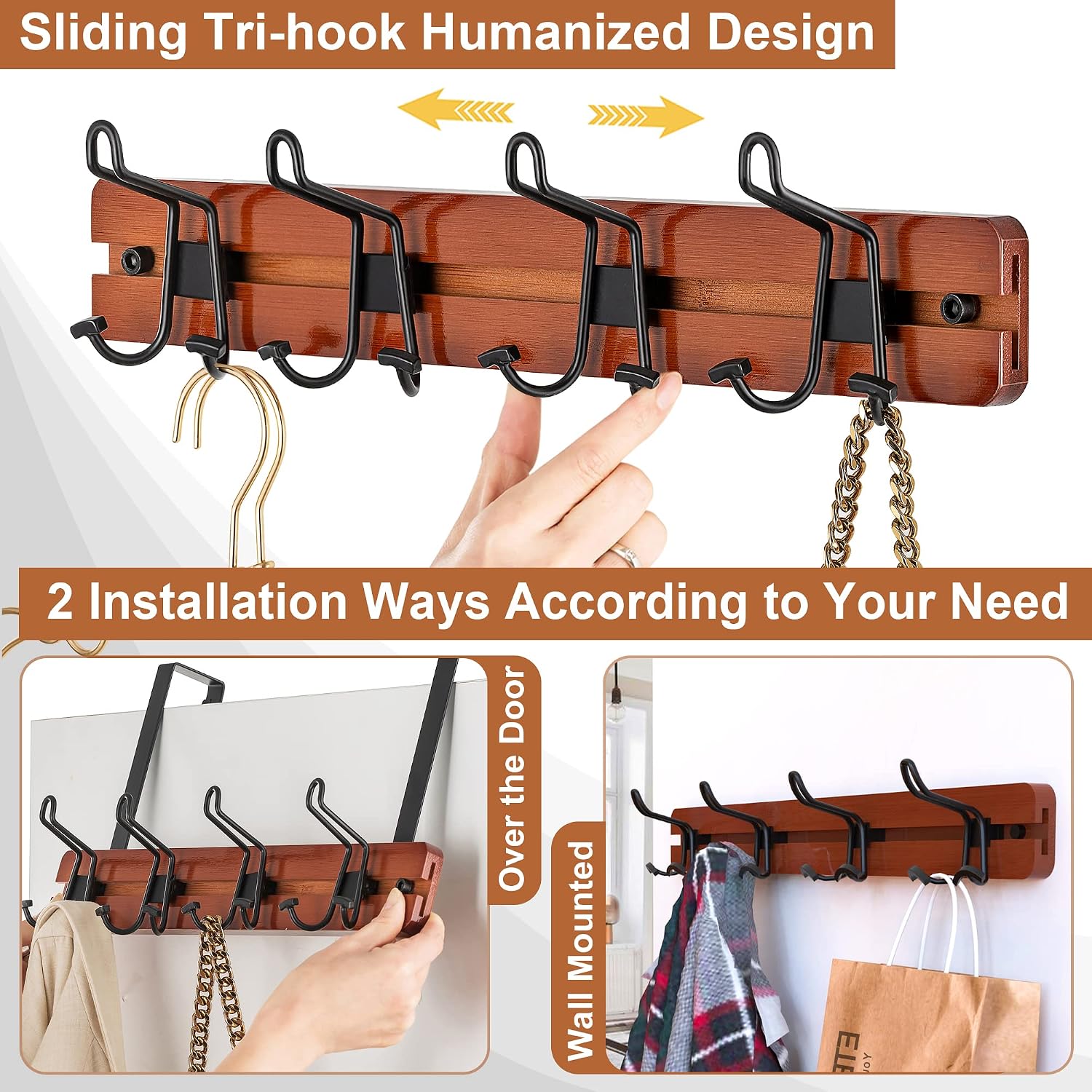 ETECHMART Over The Door Hooks, Bamboo Door Hanger with 4 Adjustable Tri Hooks for Hanging Clothes Hat Bag, Behind Door Towel Rack for Bathroom, Heavy Duty Wall Mounted Coat Rack, No Drilling, Brown
