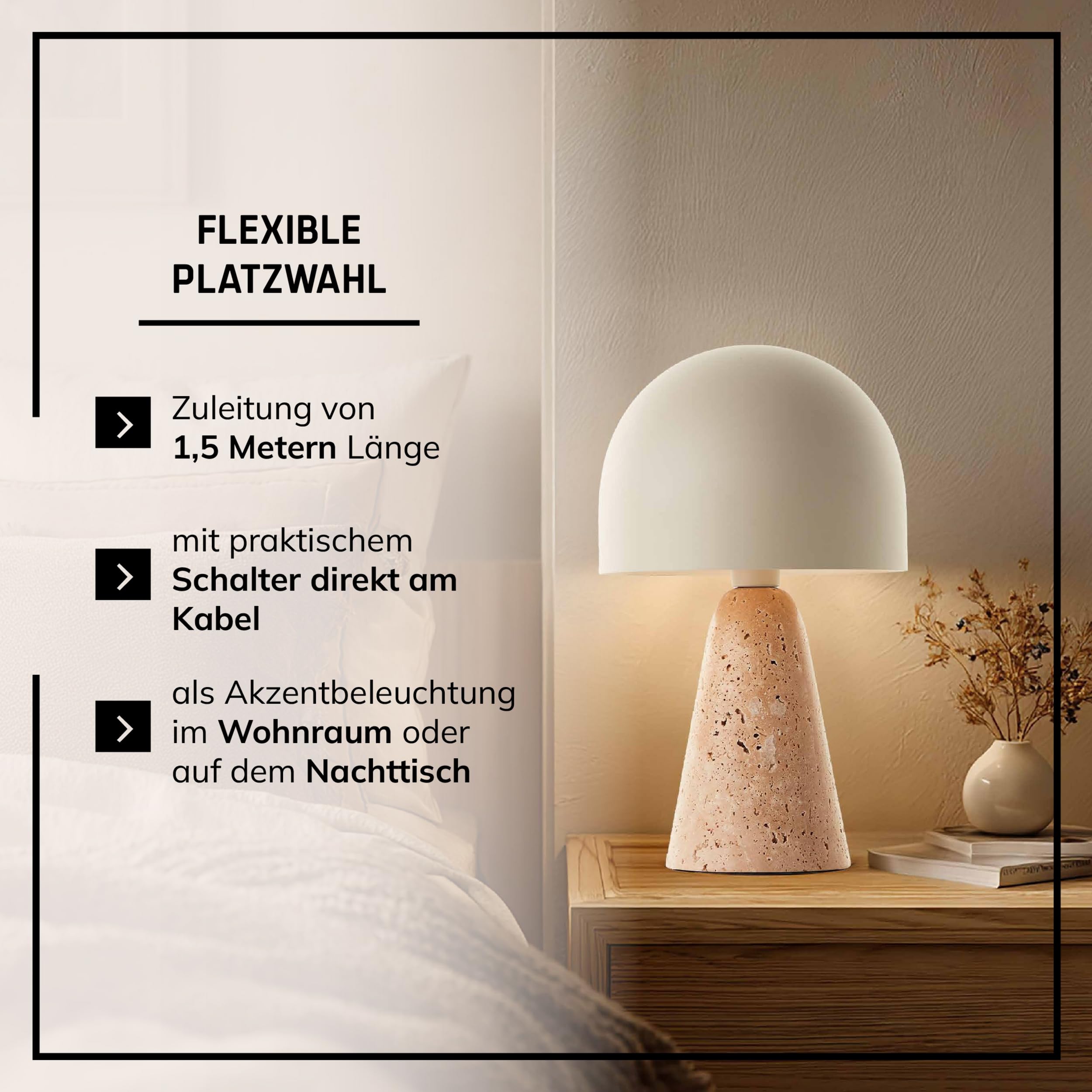Lightbox Pilz-Tischlampe - Tischleuchte mit Sockel aus Travertin-Stein - Lampe für Wohnzimmer, Schlafzimmer & Fensterbank - exkl. E14 LED