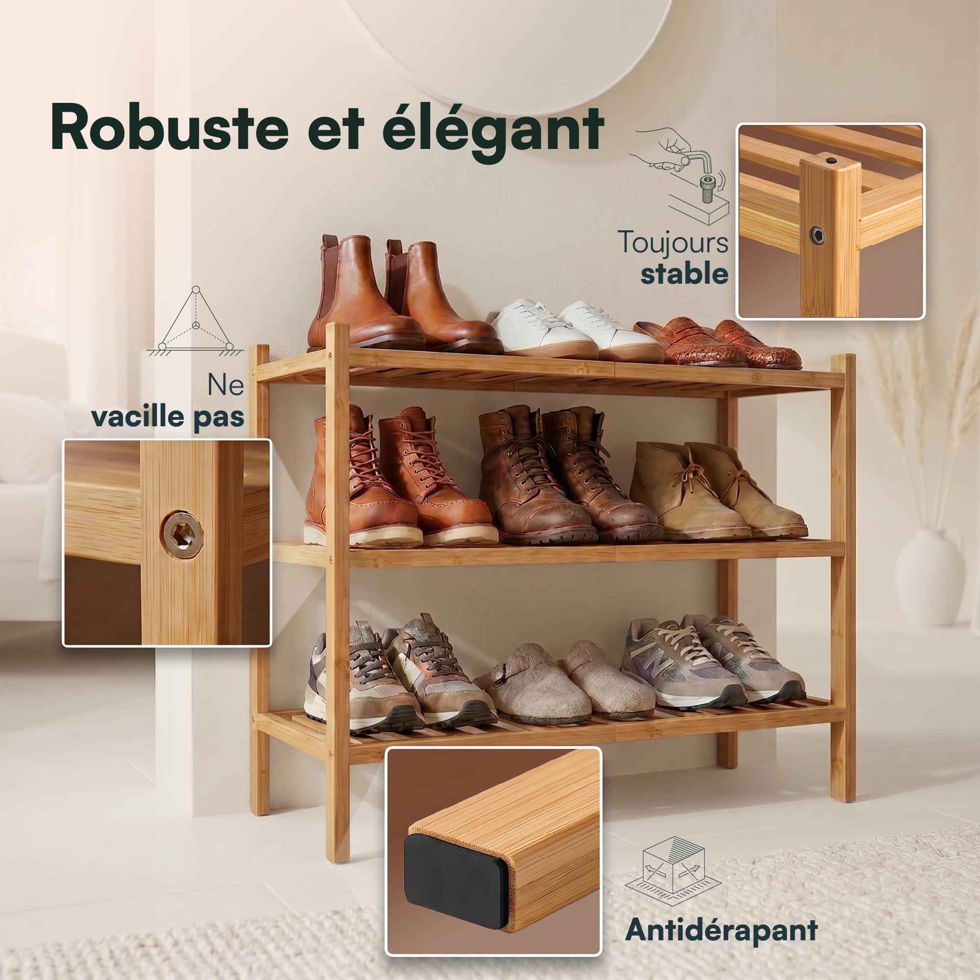 Meuble à Chaussures Entrée - Rangement Chaussures - Étagère Bambou | BAM BOO BOX Étagère à Chaussures 3 Niveaux Bambou – Range Souliers Gain de Place 68x28x46,5 cm – Support Empilable