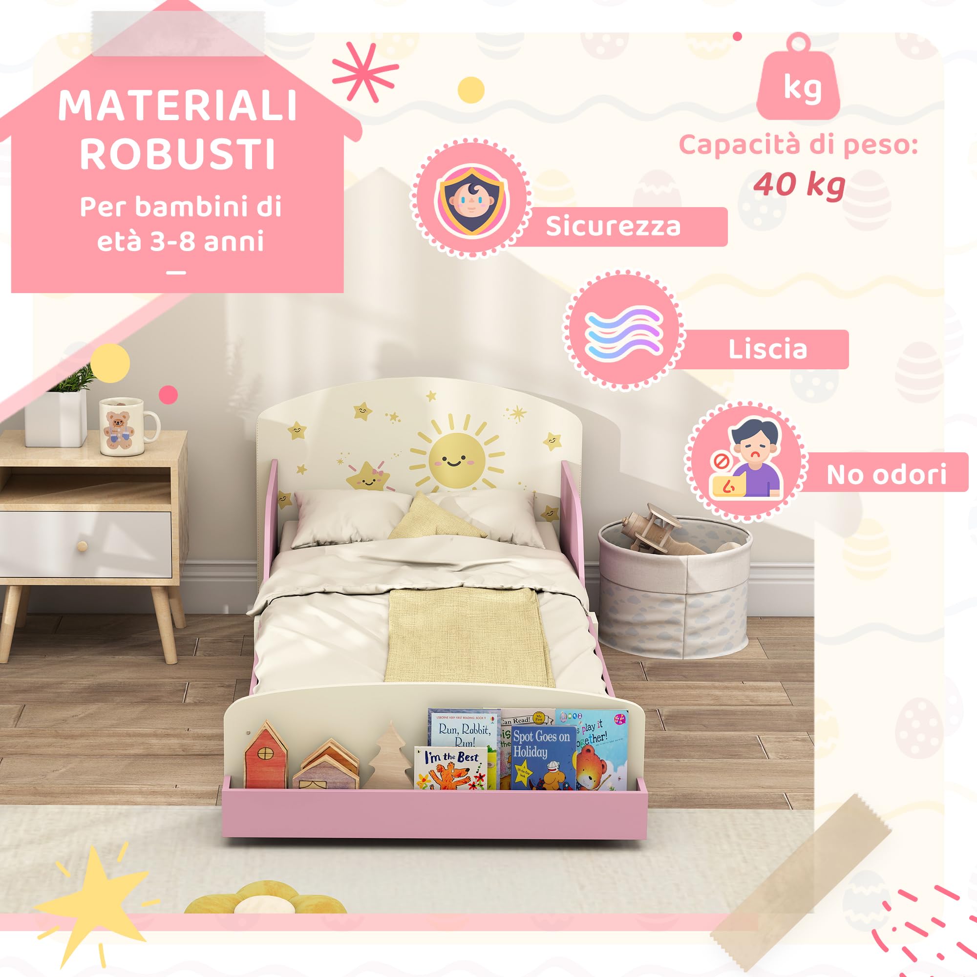 AIYAPLAY Letto per Bambini 3-8 Ann Basso con Spazio Contenitore e Sponde Laterali, Lettino per Bambini in MDF e Compensato, 150x77x60 cm, Rosa