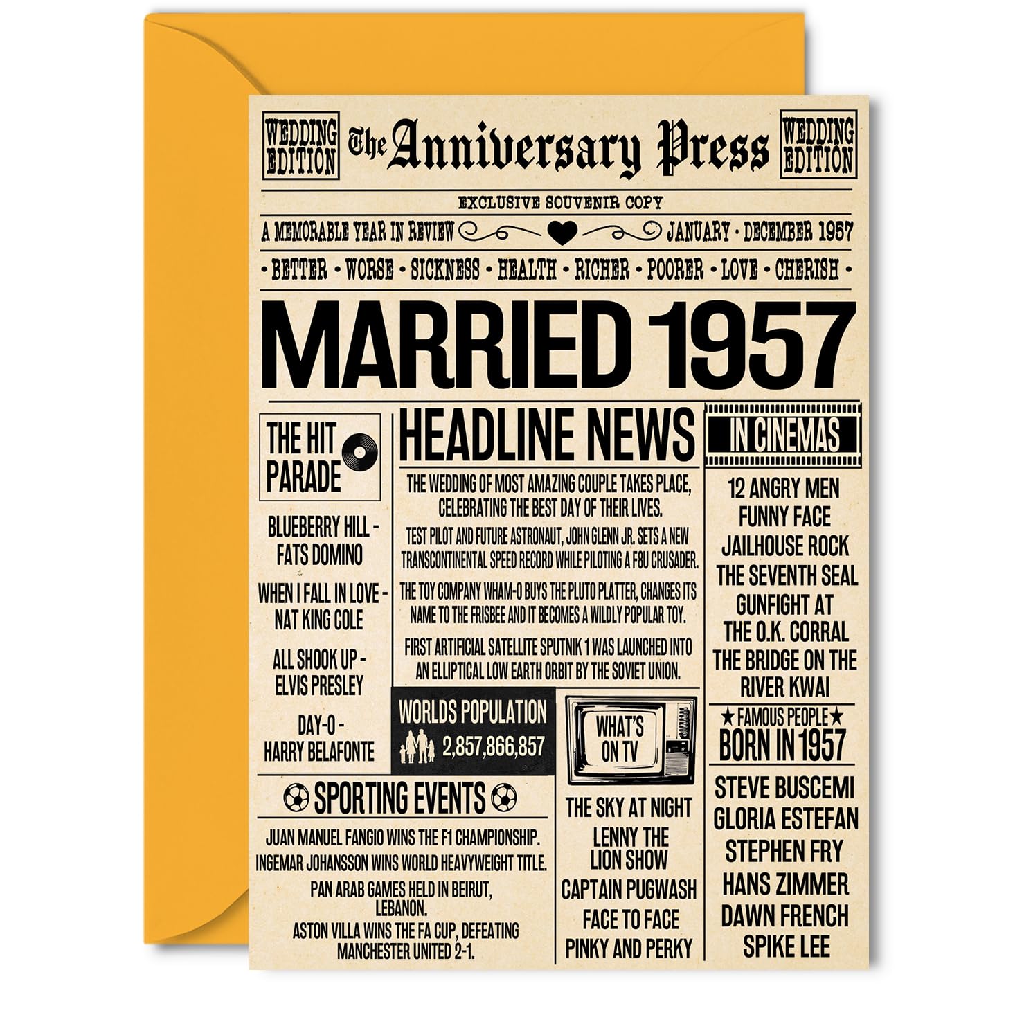 69th Anniversary Cards for Men Women - Married 1957 Newspaper - 69 Wedding Anniversary Card for Husband Wife Grandma Grandad Nan Vintage Retro 1957, 5x7 Inch Greeting Cards