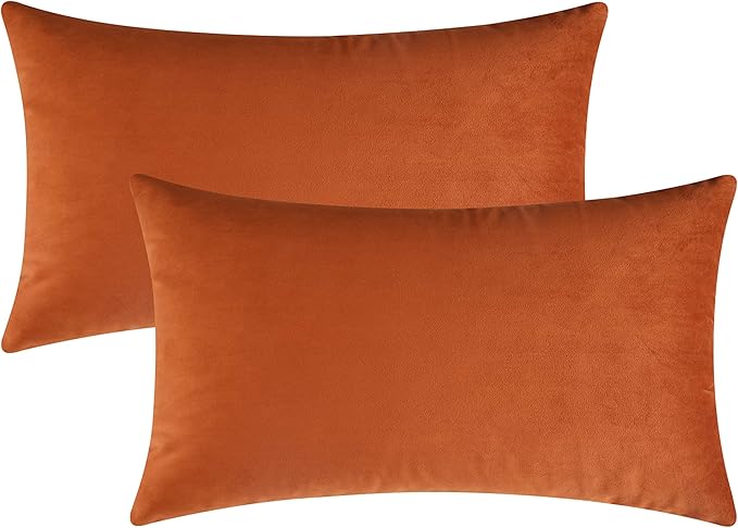 Set of 2 Velvet Rectangle Decorative Throw Pillow Covers, 12 x 20 Inches (Burnt Orange)