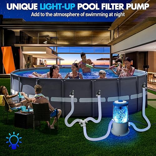 Miniatura 2 de Bomba de filtro de piscina iluminada de 1000 GPH para piscinas sobre el suelo, luz LED azul incorporada, carcasa transparente para monitor de
