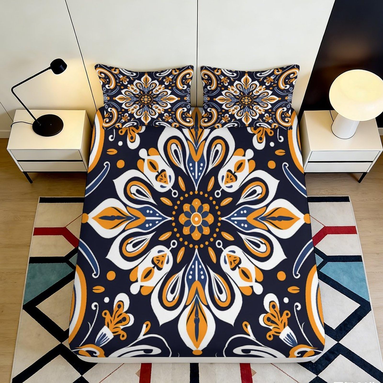 3D Printed Floral Mandala Fitted Sheet Microfiber Soft Breathable Geometric Pattern Bed Cover for Bedroom Dormitory Guest Room Mattress Protection 140x200x25cm