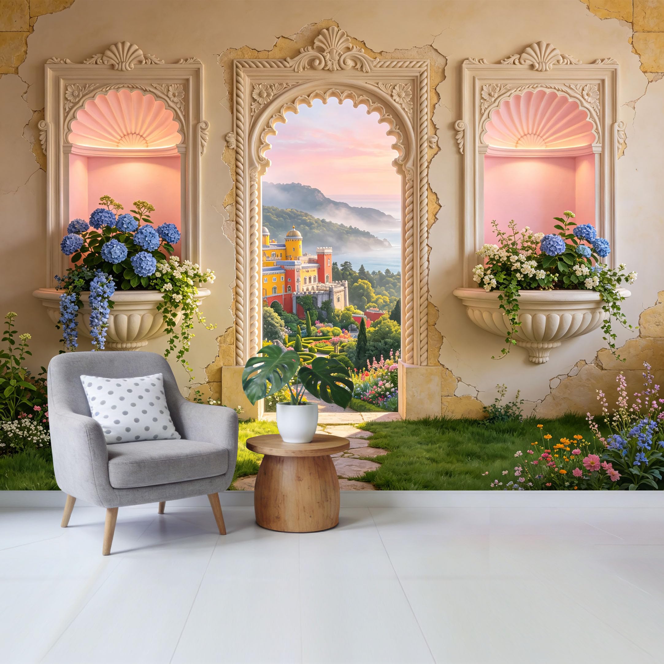 Removable Self Adhesive Fabric Mural， Neoclassical Architectural Archway Palace Garden Custom Size Wall Covering， UV Protected Waterproof Washable Wall Decor for Living Room Bedroom Bathroom