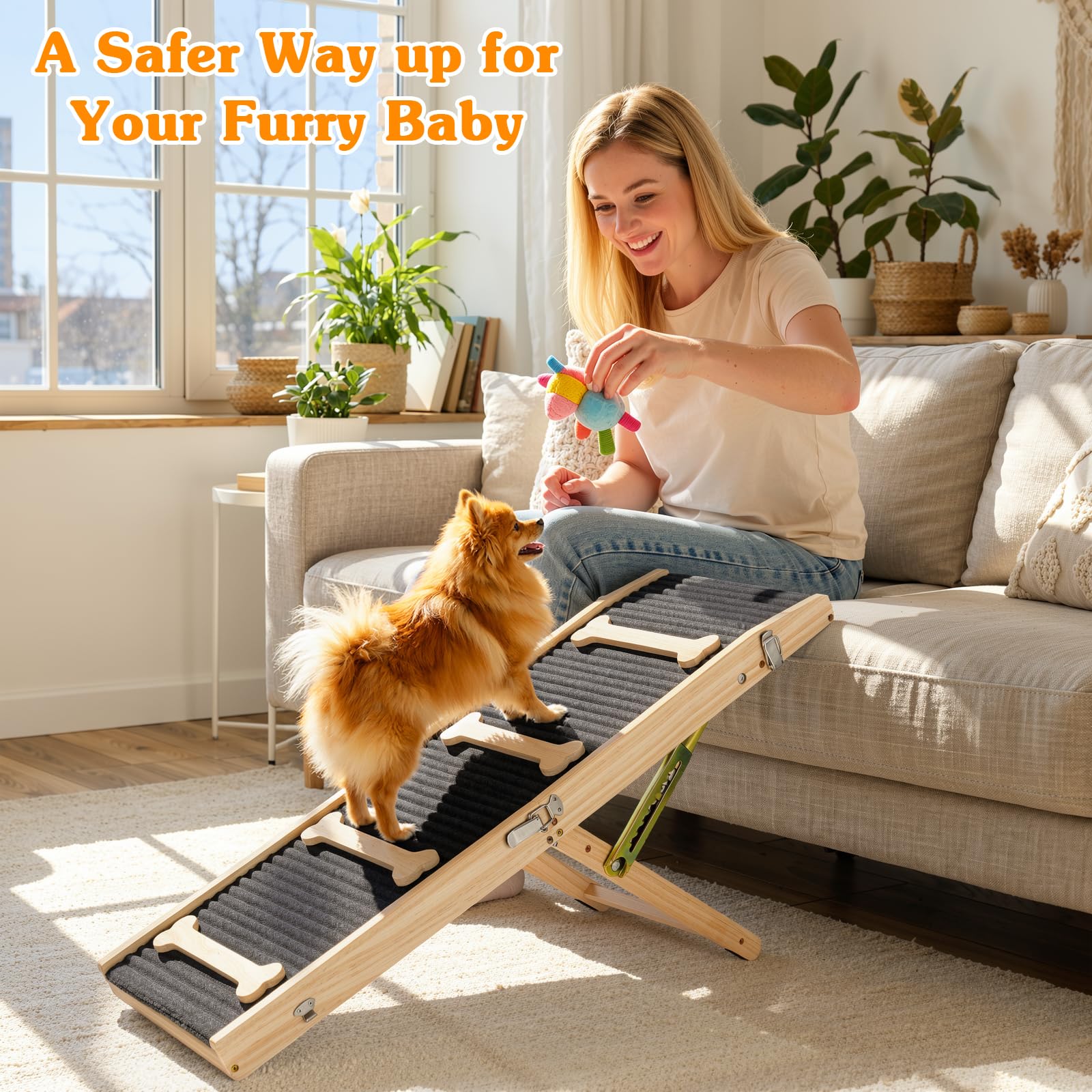 VavoPaw Hunderampe für Sofa und niedrige Möbel, Rampe für Kleine Hunde bis 15 kg, 7 Einstellbar Höhe von 2,4"-18,5" mit rutschfest Matte, Tragbar Hundetreppe für Sofa Couch Treppe