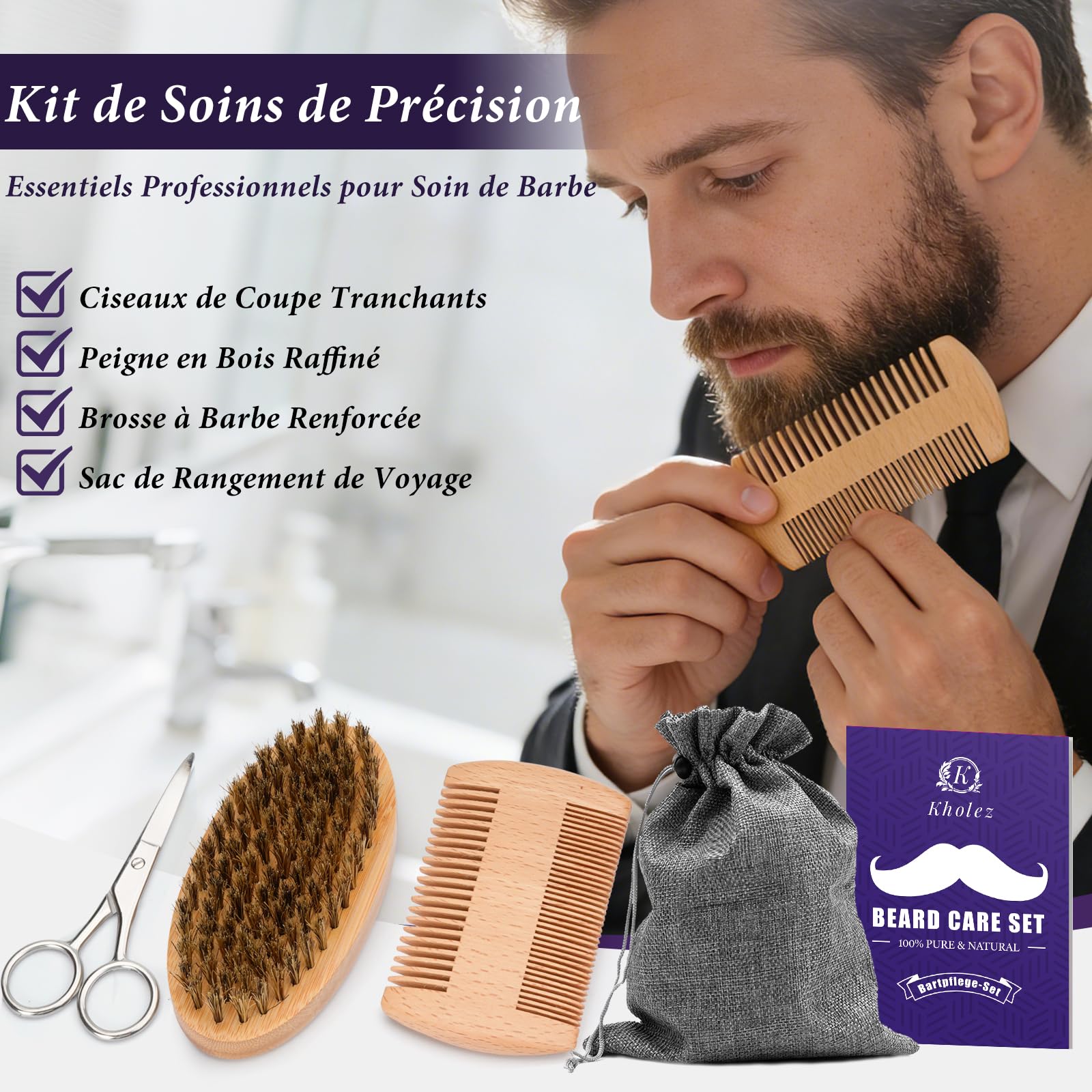 KHOLEZ Coffret Barbe Homme 10 en 1 Complet Professionnel, Kit Soins Barbe Homme avec Huile, Shampoing, Crème Barbe, Cadeau Fête des Pères, Idee Cadeau Homme pour Papa, Papi, Mari, Frère, Ami