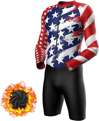 Sparx Long Sleeve Winter Cycling Thermal Skinsuit Pro Team Bicycle Suit Bike Racing Suit Cycle Kit 3D Pad US Flag, L