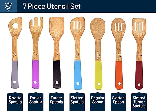 Miniatura 3 de RoyalHouse Juego de utensilios de cocina de madera, 7 herramientas de cocina de bambú, cucharas de cocina y espátulas con asas de colores, cucharas