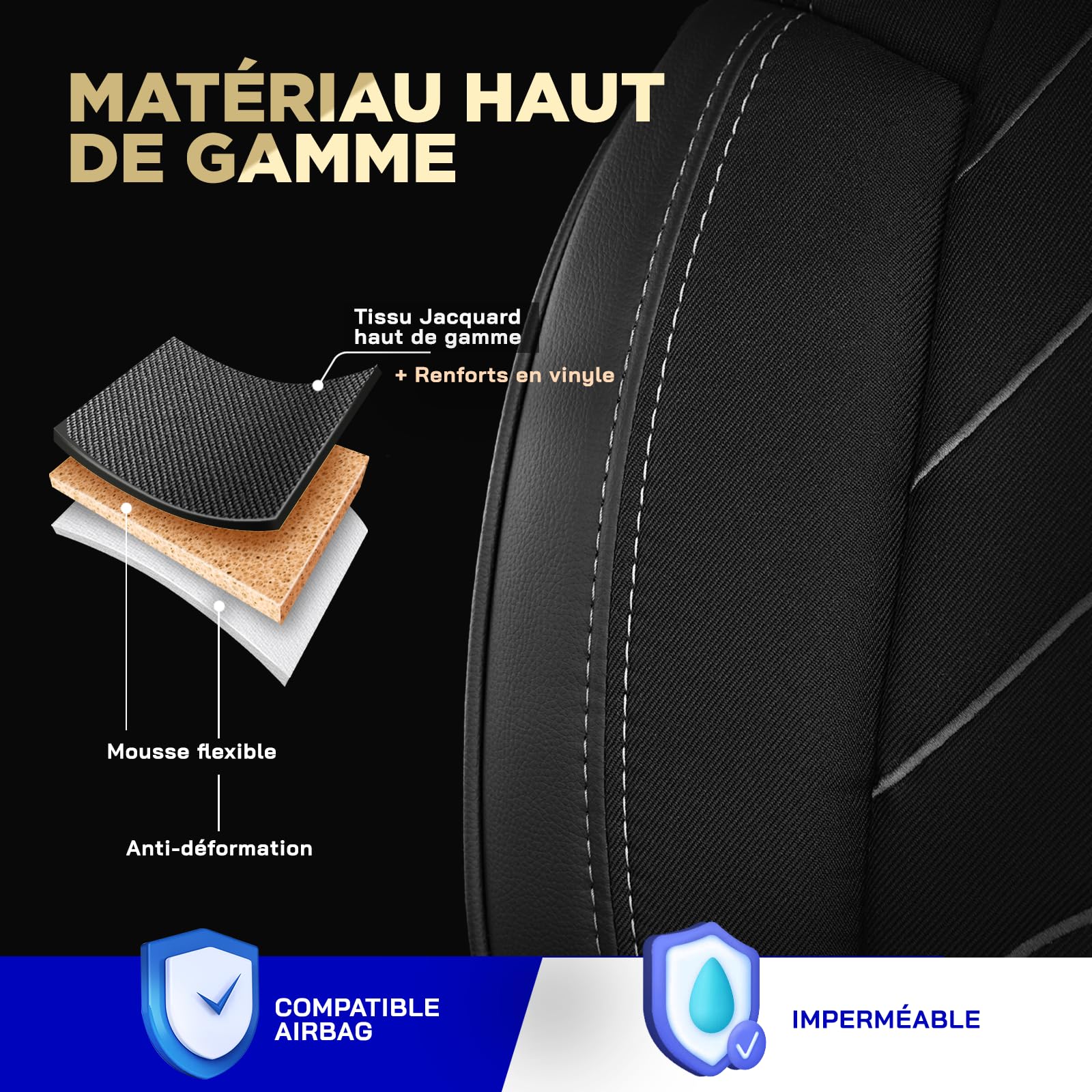 Housses de siège de voiture 2 + 1 pour Renault Master 4 / Nissan Interstar 3 2024-2026 - En lin - Ensemble de sièges avant droit passager divisé - Noir/gris