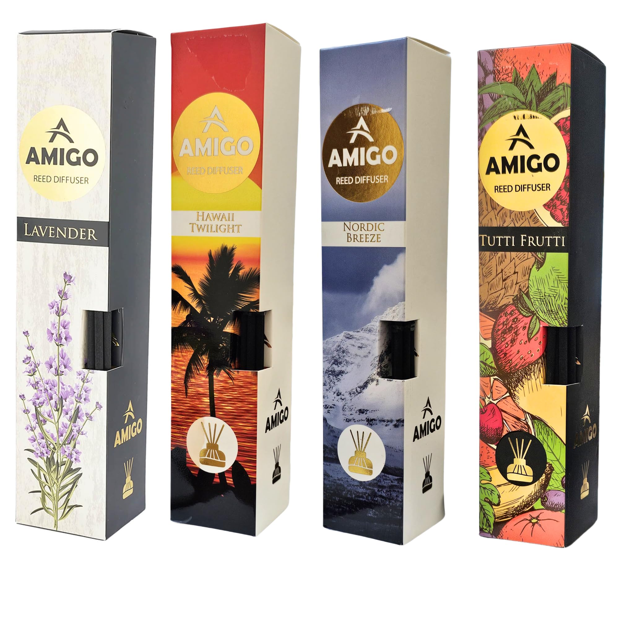 Amigo Reed Diffuser Variety Pack - Nordic Breeze, Lavender, Hawaii Twilight, Tutti Fruity (Pack of 4) - 110ml Each, Long-Lasting Home Fragrance