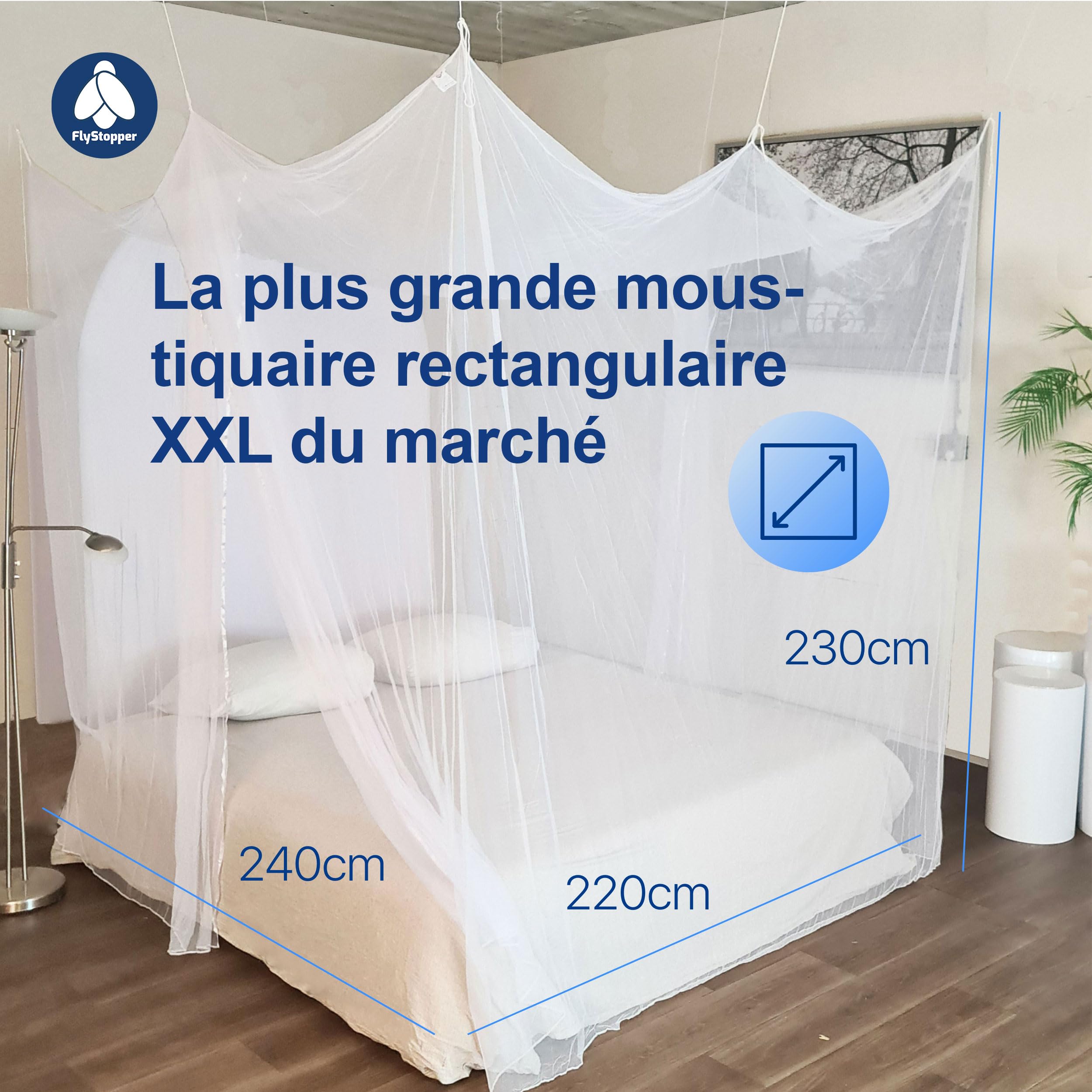 Moustiquaire pour lit double XXL – 240 x 220 x 230 cm, moustiquaire XXL pour lit, trous fins, rideau rectangulaire de voyage, moustiquaire, 2 entrées, installation facile, sac de transport