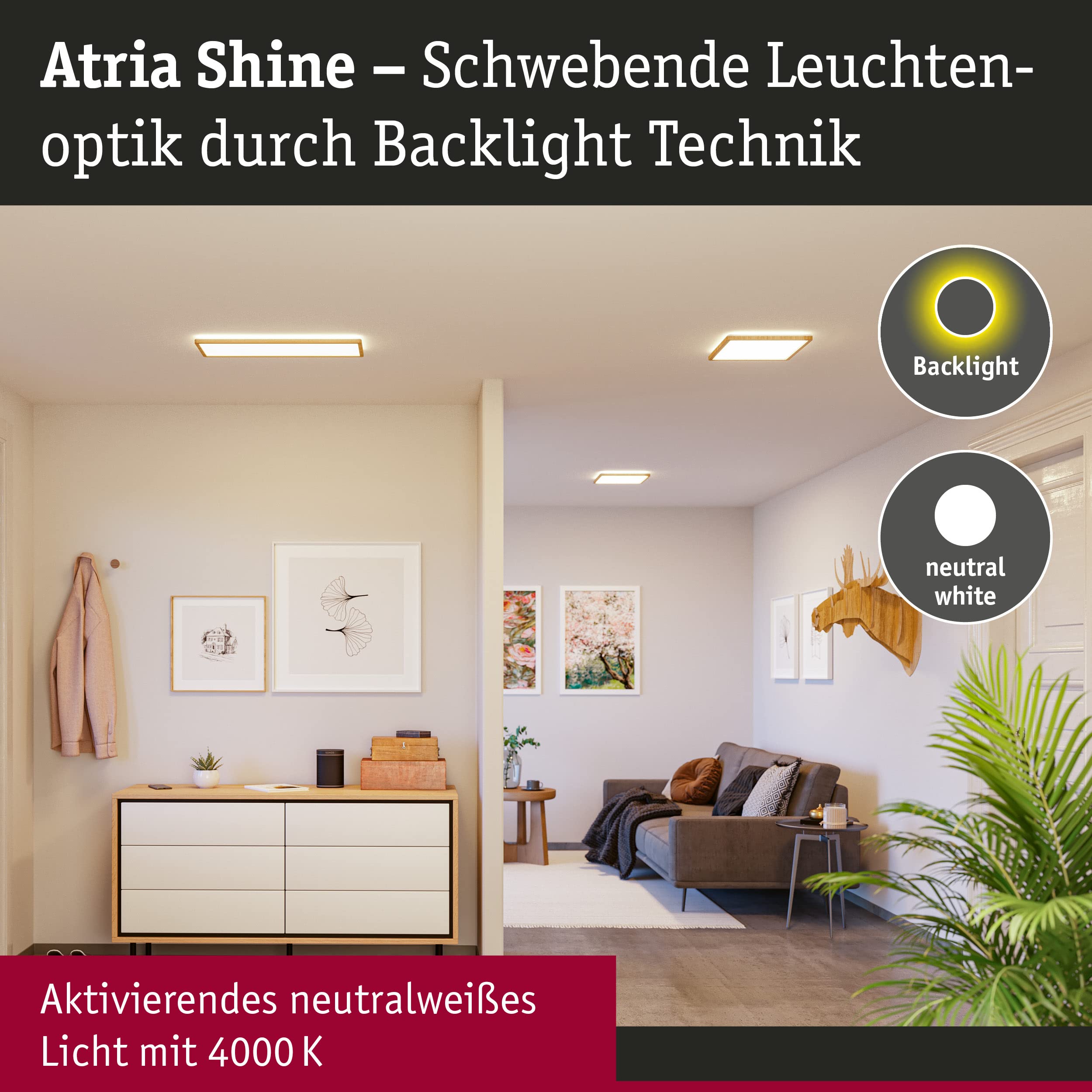 Paulmann 71036 Panel LED Atria Shine plafón con Backlight cuadrado IP44 22W 2300lm 580mmx200mm acabado madera plástico 4000K luminaria de baño