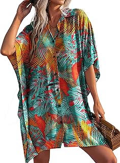 Ekouaer Women's Swimsuit Cover Up 3/4 Sleeve Beachwear Bikini Coverups Button Down Oversized Cover Up Shirt S-3XL