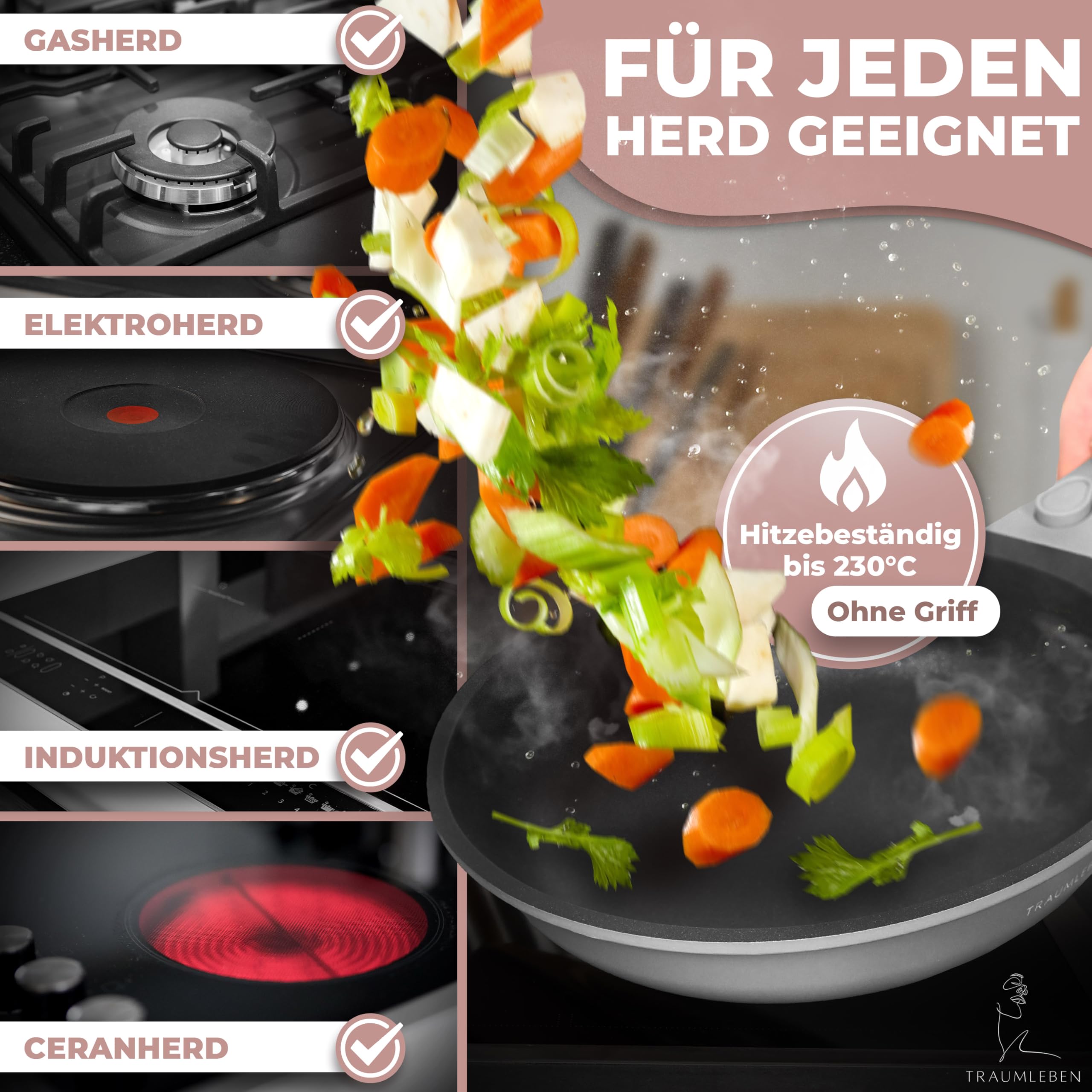TRAUMLEBEN Bratpfanne SET 24 & 28 cm, Antihaft, abnehmbarer Griff (Grau) | Pfannenset 2-teilig, PFOA-frei, für Induktion geeignet, backofenfest