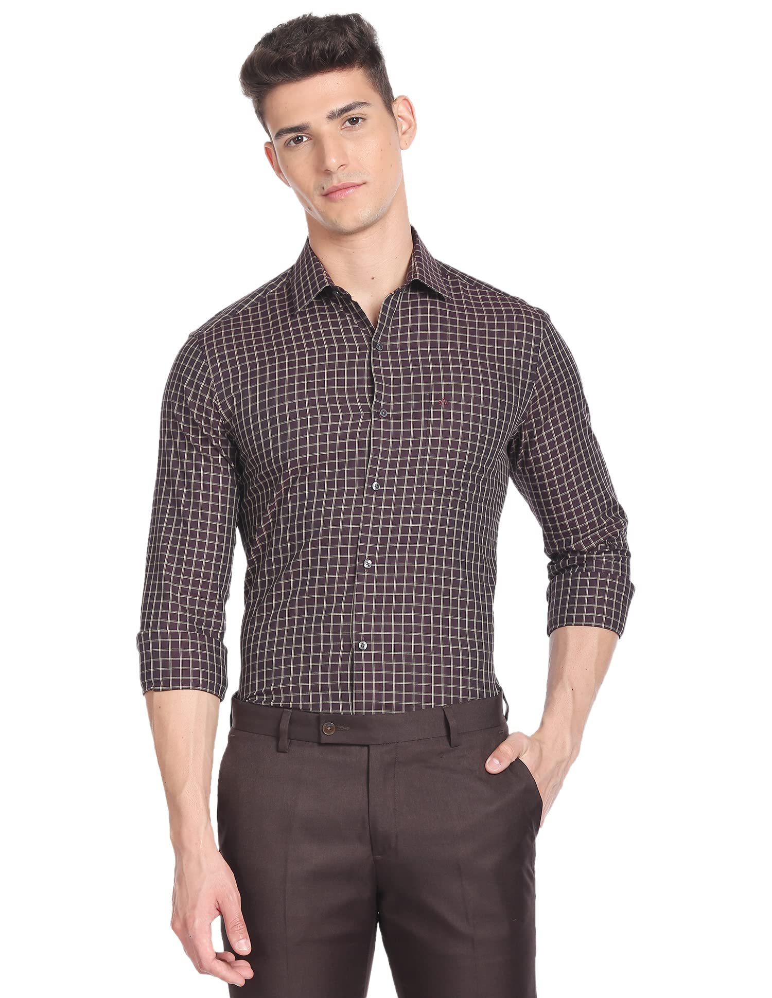 Men's Checkered Full Sleeve Slim Fit Cutaway Collar Cotton Formal Shirt (ARADOSH1309_Maroon_42)