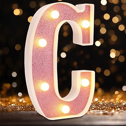Letras con luz LED, letras LED de marquesina rosa, 26 letras del alfabeto, letras pequeñas iluminadas de color rosa, letras con purpurina a pilas